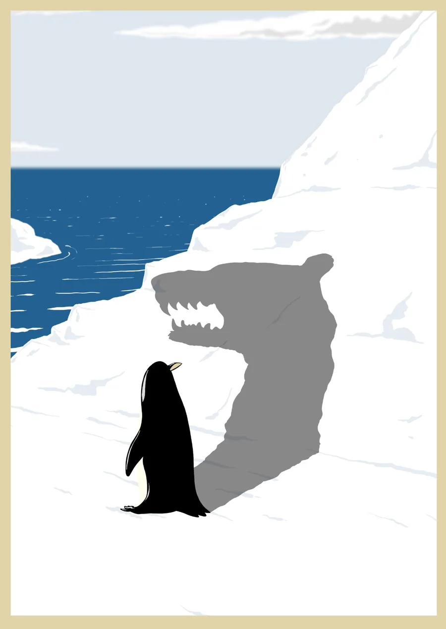 Pinguin, dessen Schatten wie ein Eisb&auml;r aussieht, Illustration zu Angst, Kaiserufer Hamburg