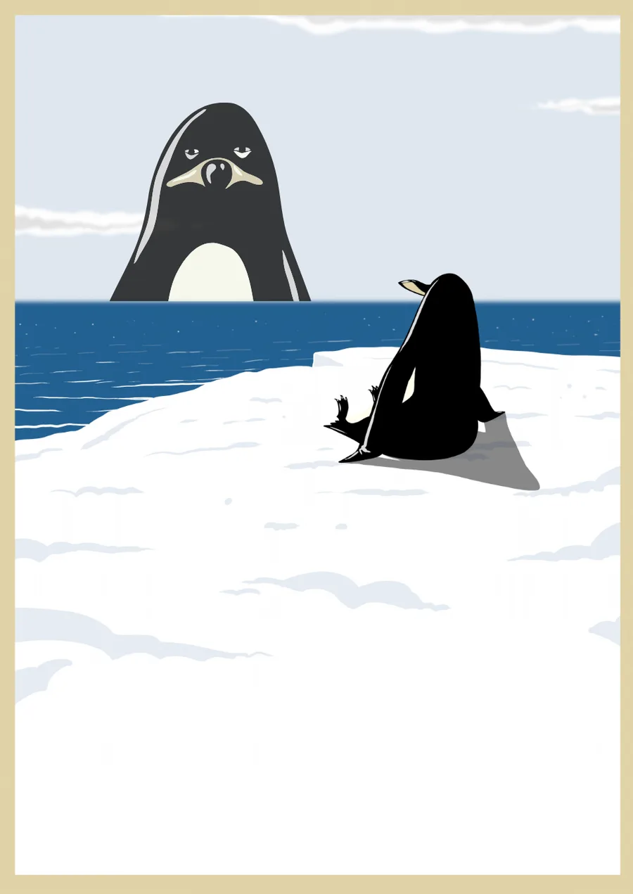 Pinguin am Wasser vor einem gro&szlig;en Schatten, Paartherapie in schwierigen Zeiten im Kaiserufer Hamburg