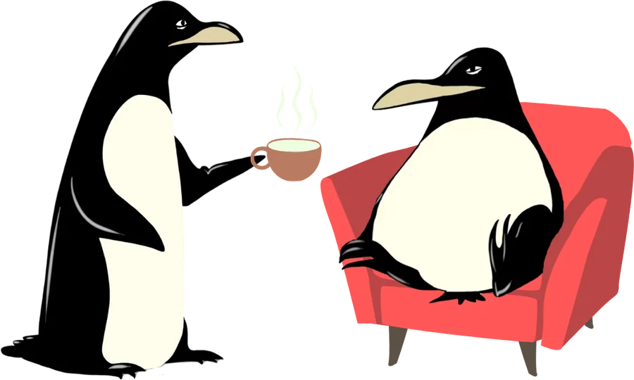 Ein Pinguin reicht einem zweiten Pinguin im Sessel eine Tasse Tee, Kennenlerngespr&auml;ch im Kaiserufer Hamburg