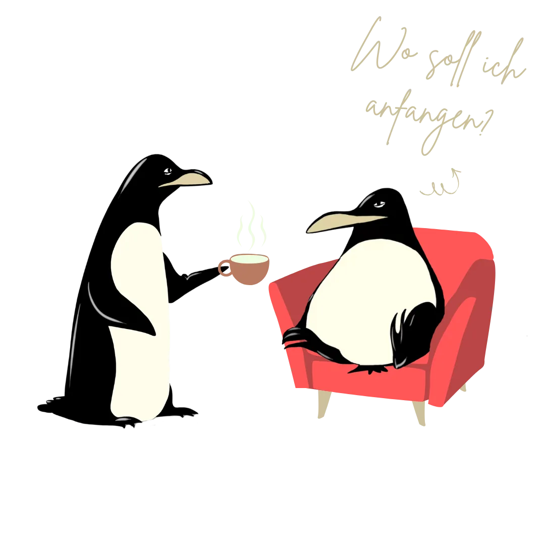 Pinguin im Sessel mit Tee, Kaiserufer Hamburg Atmosph&auml;re