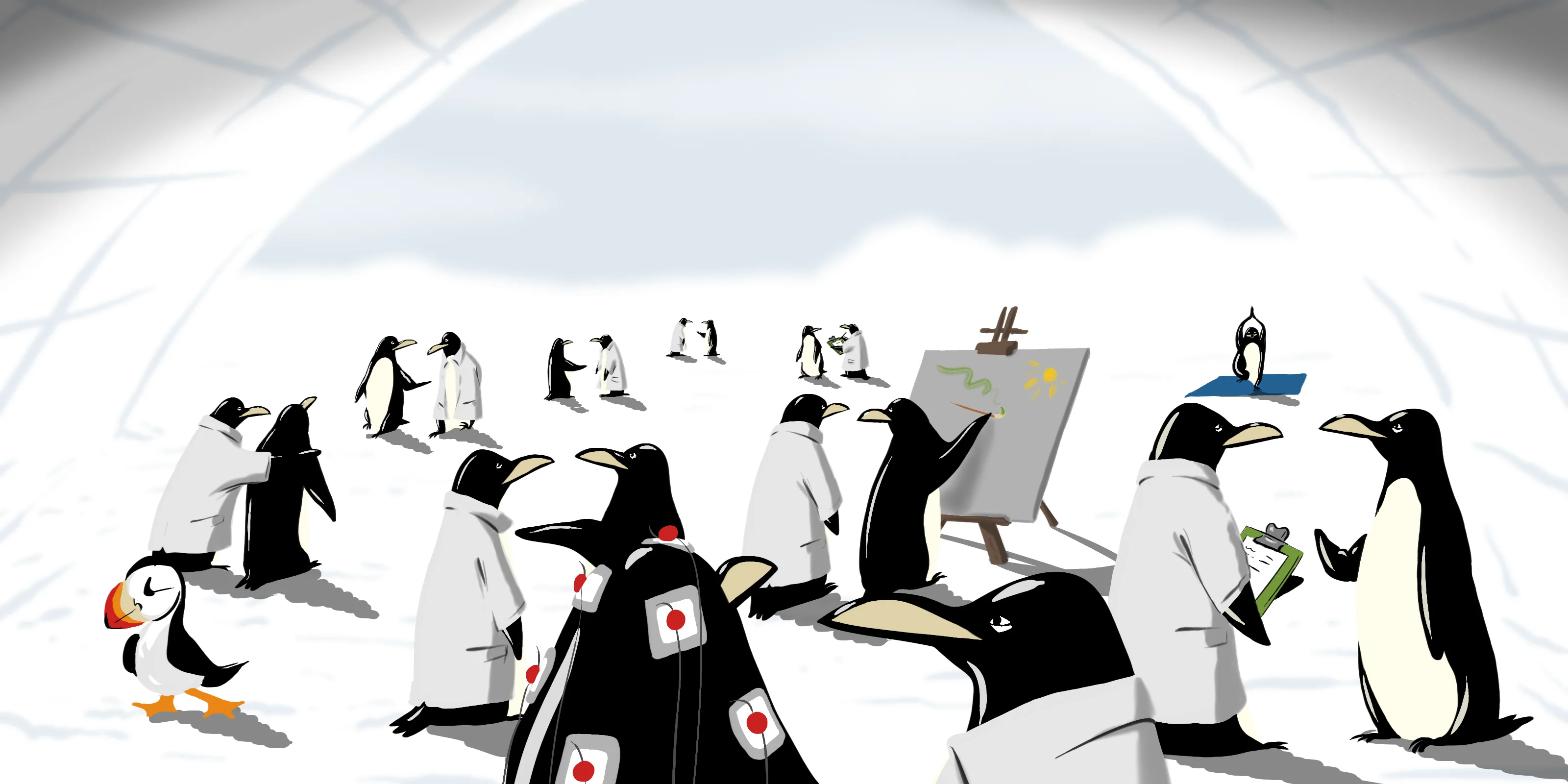 Die Kaiserufer-Kolonie: viele Pinguine beim Malen, Yoga und Gespr&auml;ch