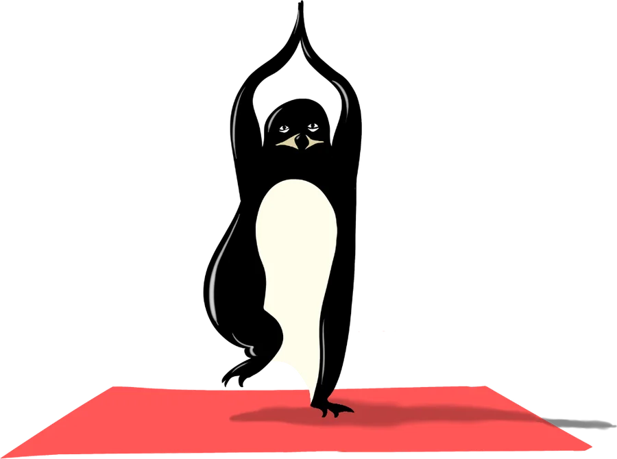 Penguin in yoga tree pose on a yoga mat, body and relaxation at Kaiserufer Hamburg
