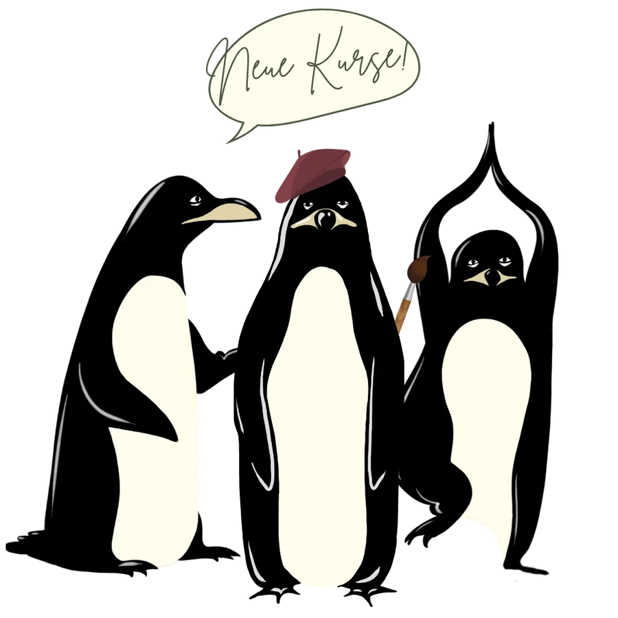 Drei Pinguine k&uuml;ndigen neue Kurse an: Gruppentherapie und Workshops im Kaiserufer Hamburg