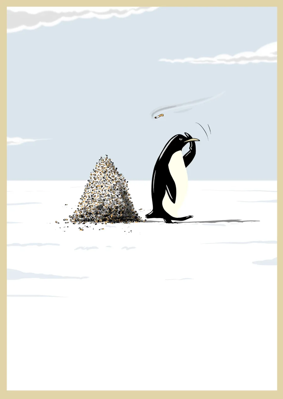 Pinguin wirft eine Zigarette weg, neben ihm ein Berg Kippen. Psychotherapie bei Sucht und belastenden Gewohnheiten im Kaiserufer Hamburg