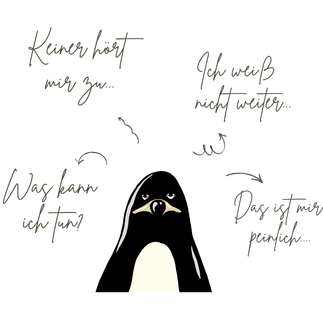 Pinguin mit Gedanken bei &Uuml;berforderung, Psychotherapie Hamburg Kaiserufer